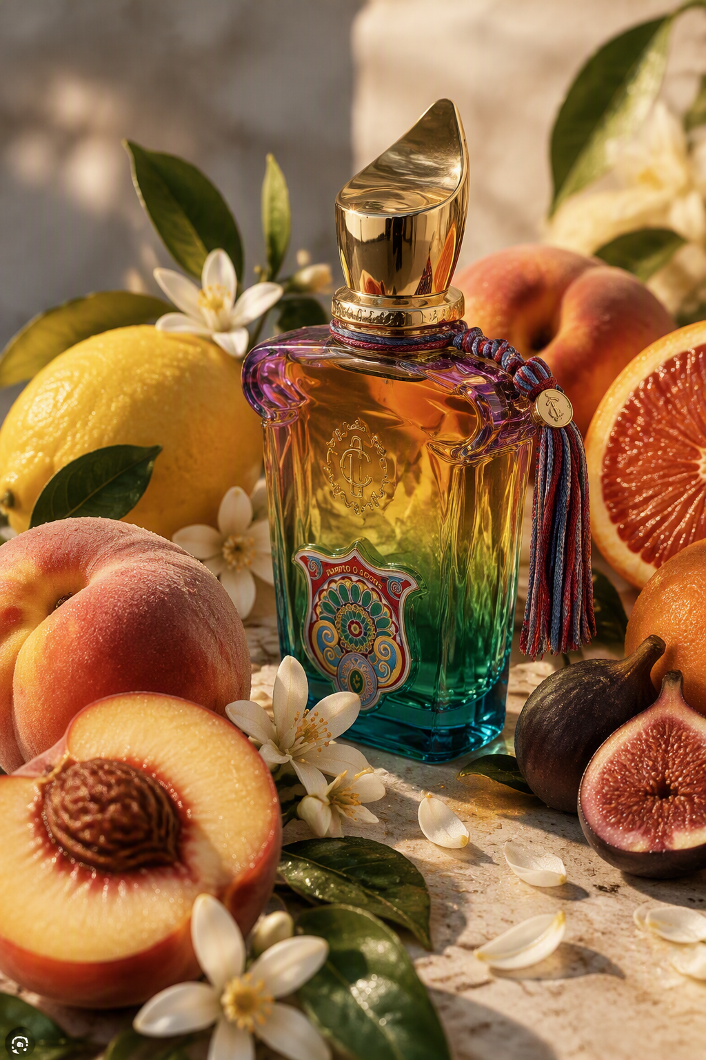 A niche fragrance bottle surrounded by citrus, figs and orange blossom